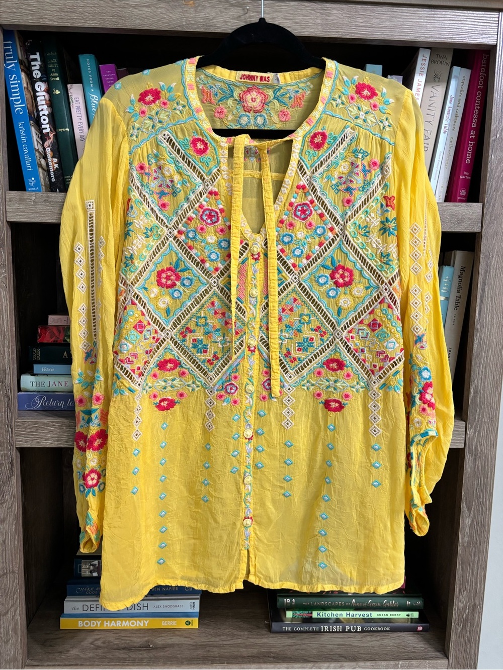 Johnny Was Arges Embroidered Georgette Blouse Top Yellow, Size Large